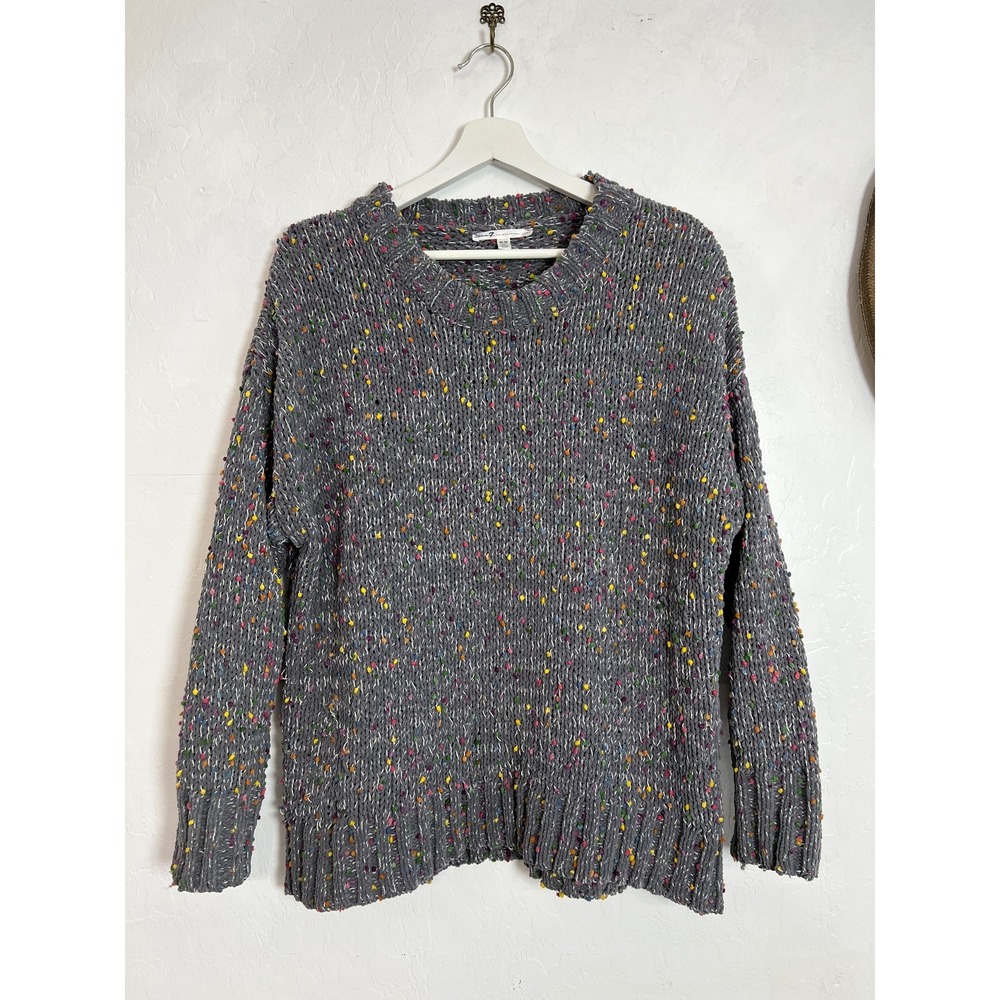 Seven 7 Confetti Knit Sweater Sz M Grey Rainbow Pom Textured Crewneck Soft Cozy